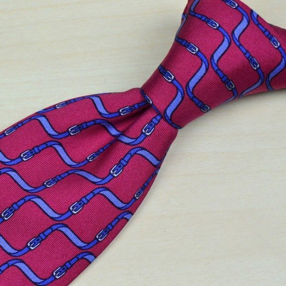 Hermes Red Blue Belt Ribbon 100% Silk Tie 7009TA F - Picture 1 of 6